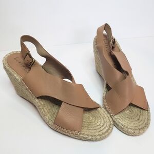Bettye Muller Venus Tan Leather Espadrille Wedge Sandals 7.5